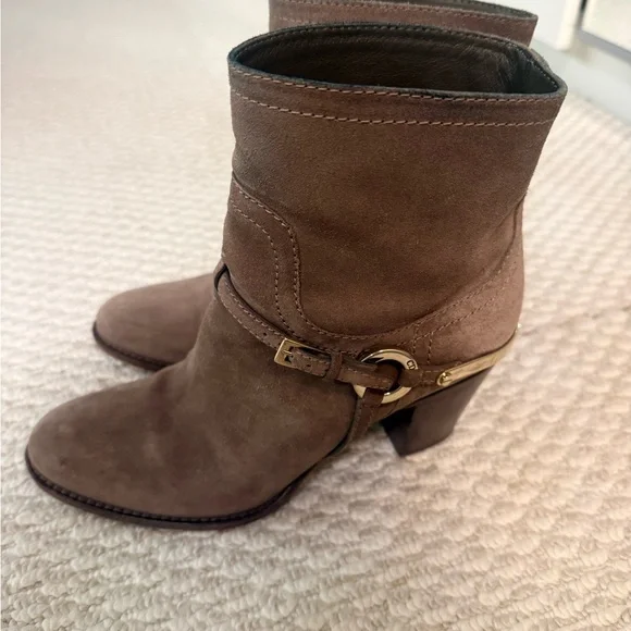 Christian Dior Taupe Suede Mid-Calf Heeled Boot with Gold Accent - Picture 1 of 6